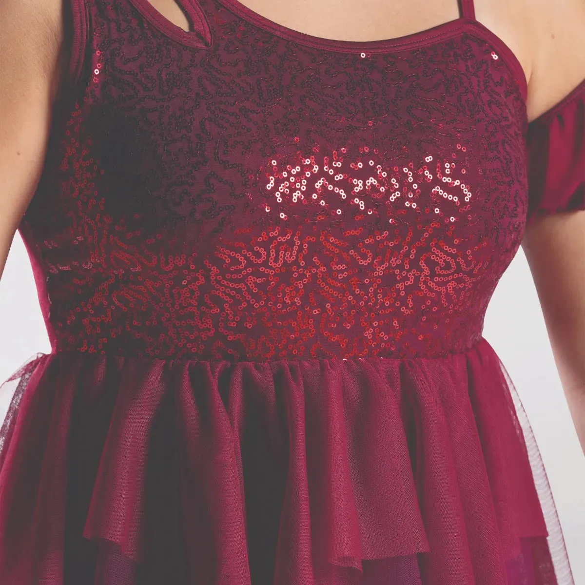 1st Position One-Shoulder Sequinned Bodice Dress with Layered Skirt