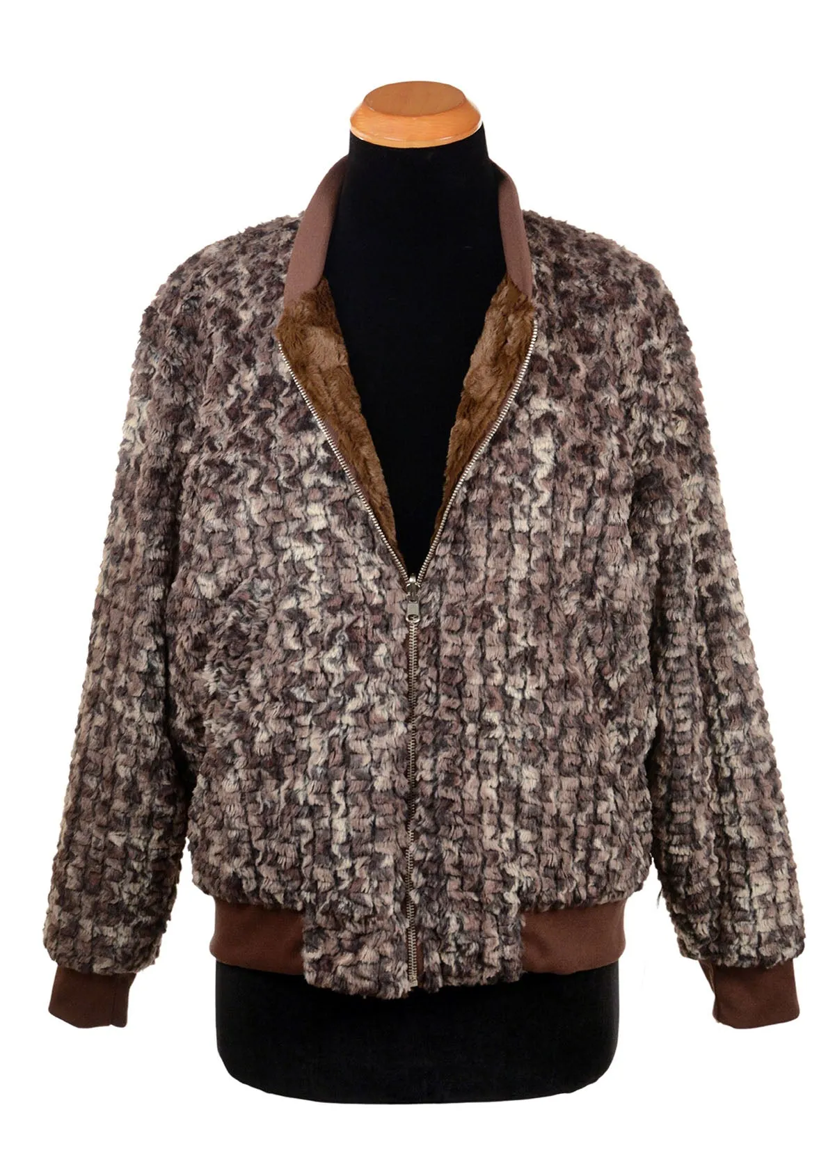 Amelia Bomber Jacket, Reversible less pockets - Calico Faux Fur with Cuddly Fur - One Medium Left!