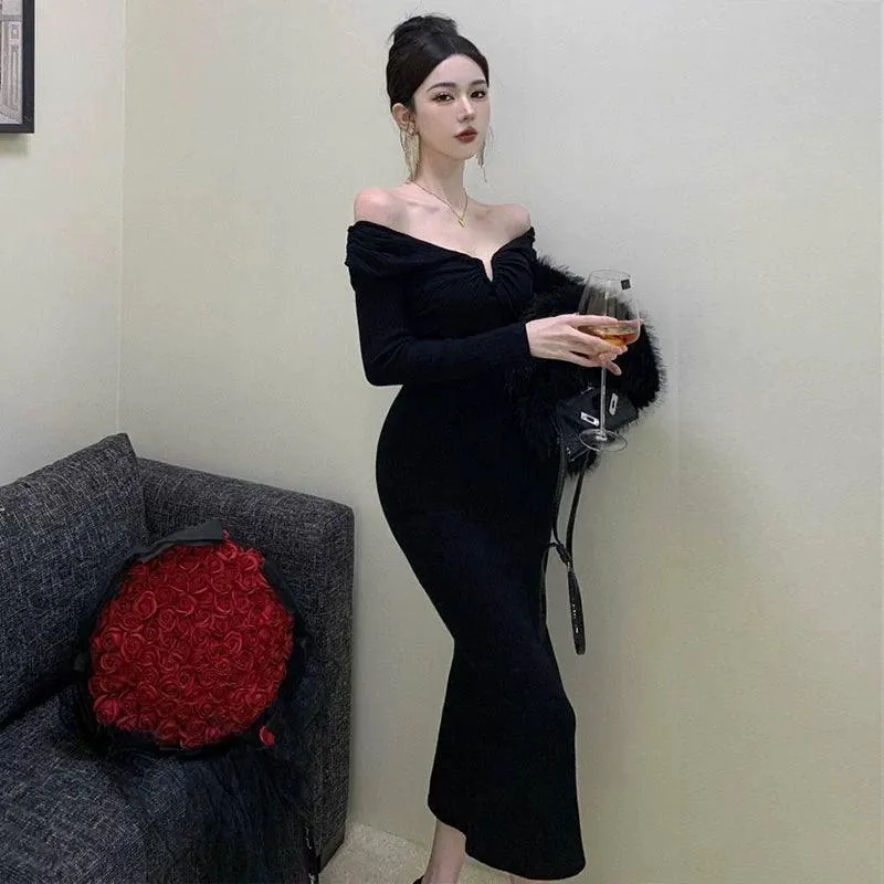 Black Evening Gown: Chic Off-Shoulder Cocktail Dress for Elegant Events