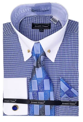 Blue Houndstooth Dress Shirt Set with French Cuff