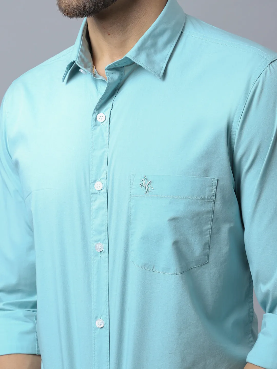 Cantabil Cotton Blend Solid Light Green Full Sleeve Casual Shirt for Men with Pocket
