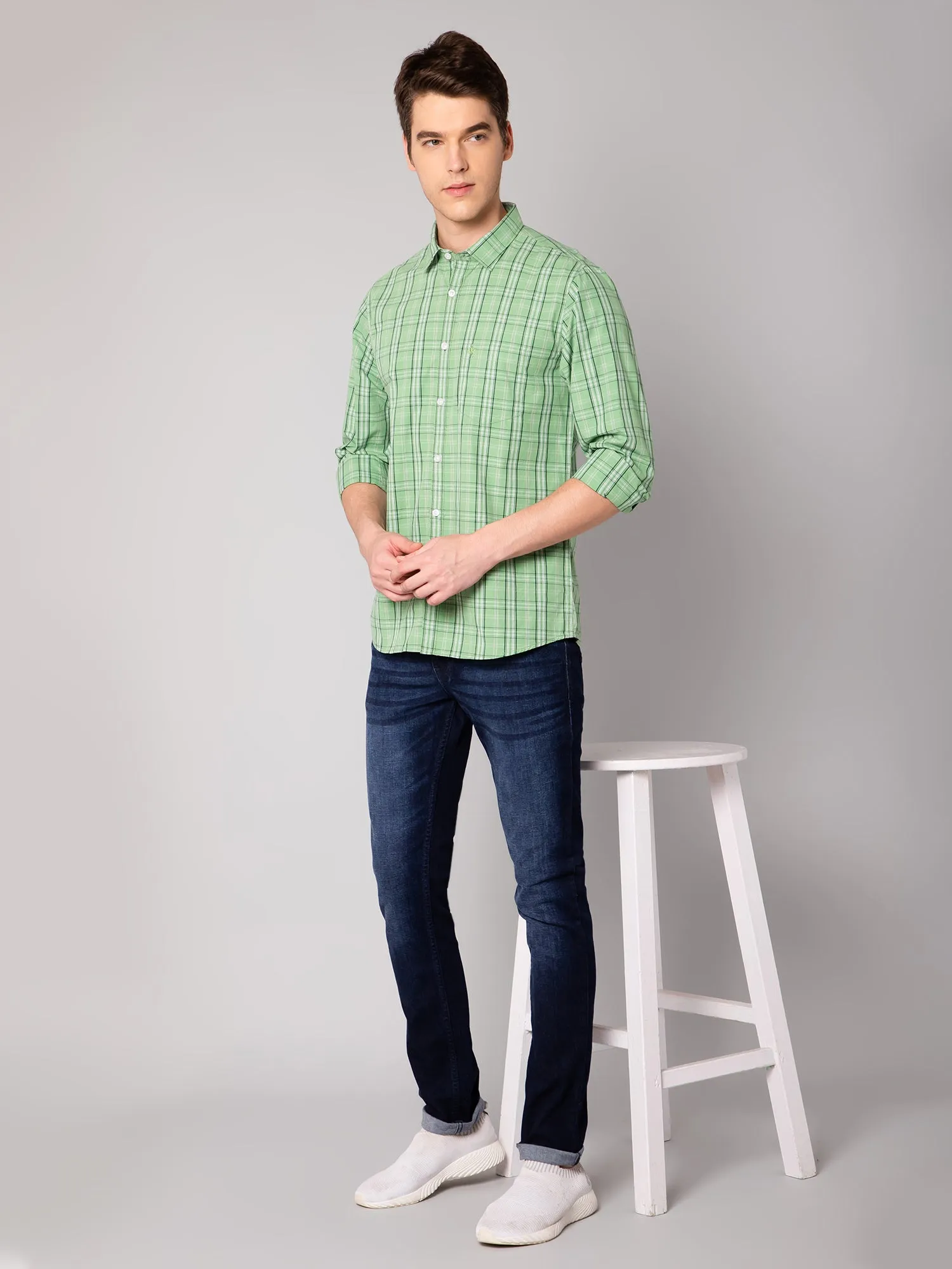 Cantabil Cotton Checkered Green Full Sleeve Casual Shirt for Men with Pocket
