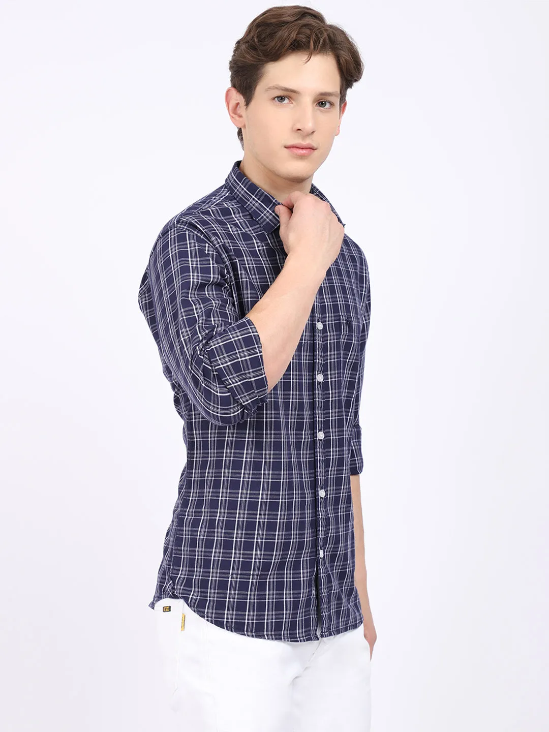 Cantabil Cotton Checkered Navy Blue Full Sleeve Casual Shirt for Men with Pocket