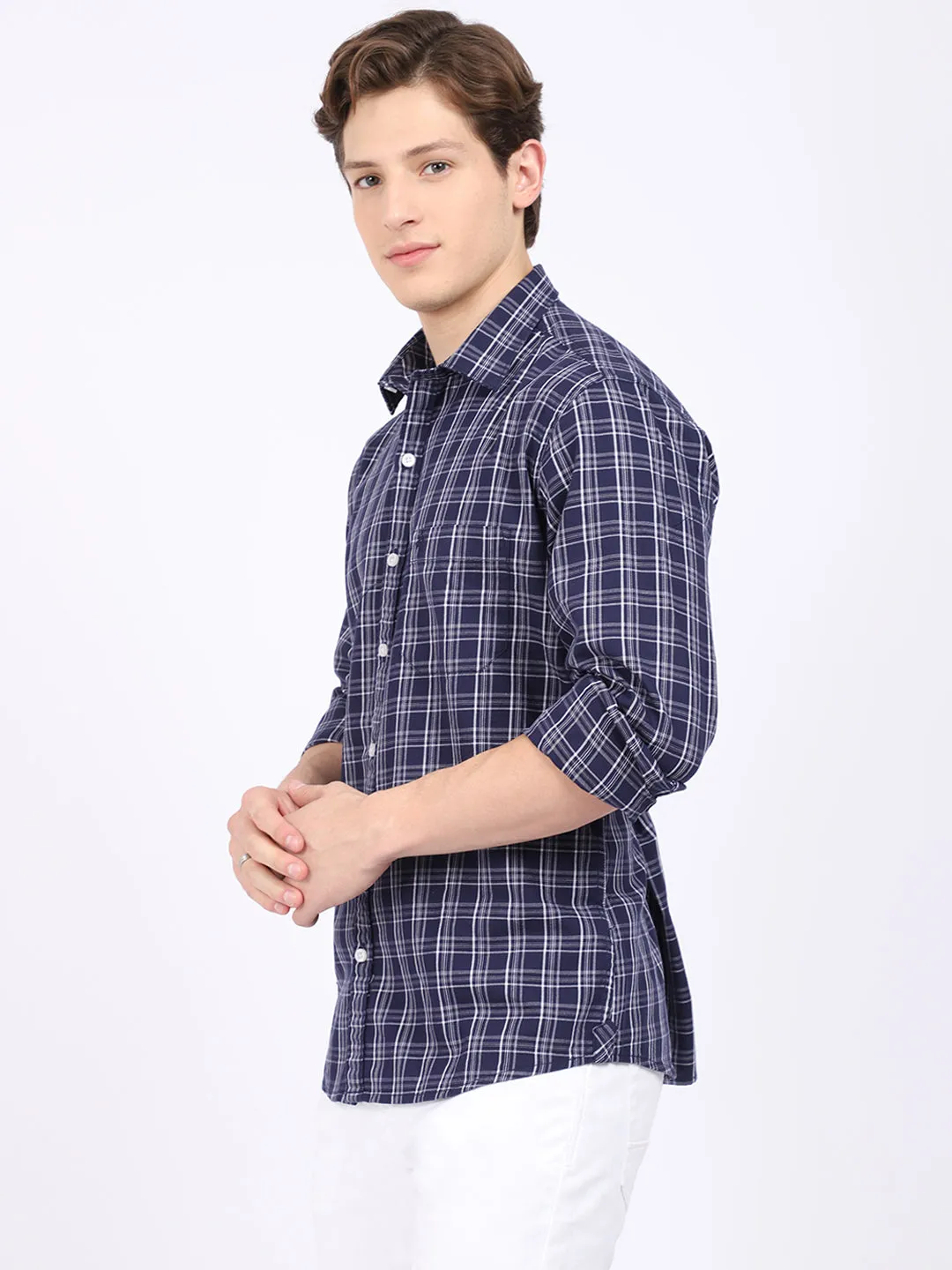 Cantabil Cotton Checkered Navy Blue Full Sleeve Casual Shirt for Men with Pocket