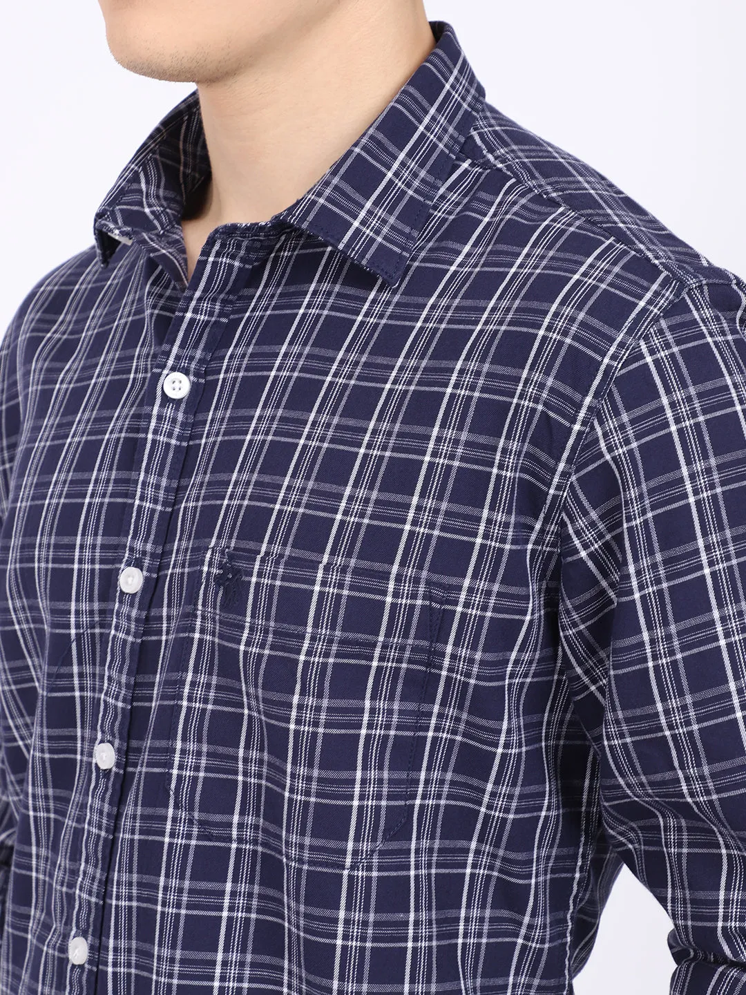 Cantabil Cotton Checkered Navy Blue Full Sleeve Casual Shirt for Men with Pocket