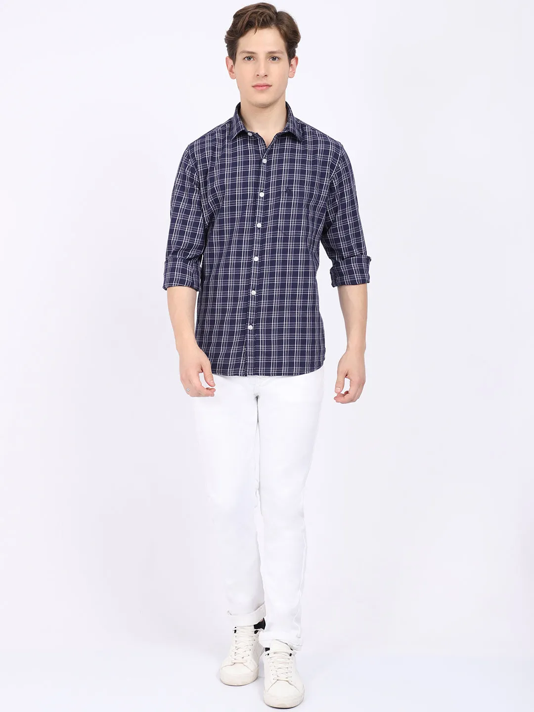 Cantabil Cotton Checkered Navy Blue Full Sleeve Casual Shirt for Men with Pocket