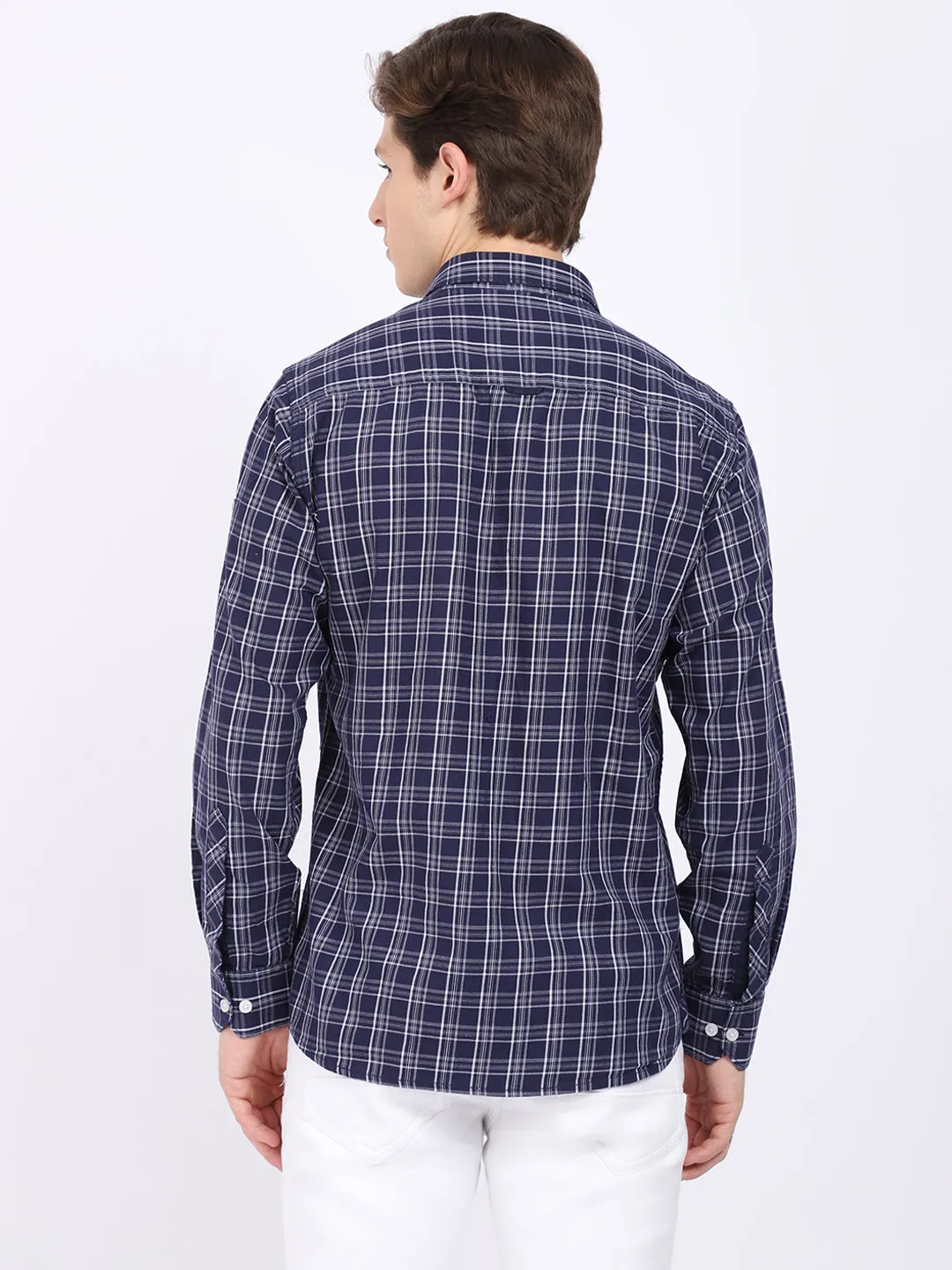 Cantabil Cotton Checkered Navy Blue Full Sleeve Casual Shirt for Men with Pocket