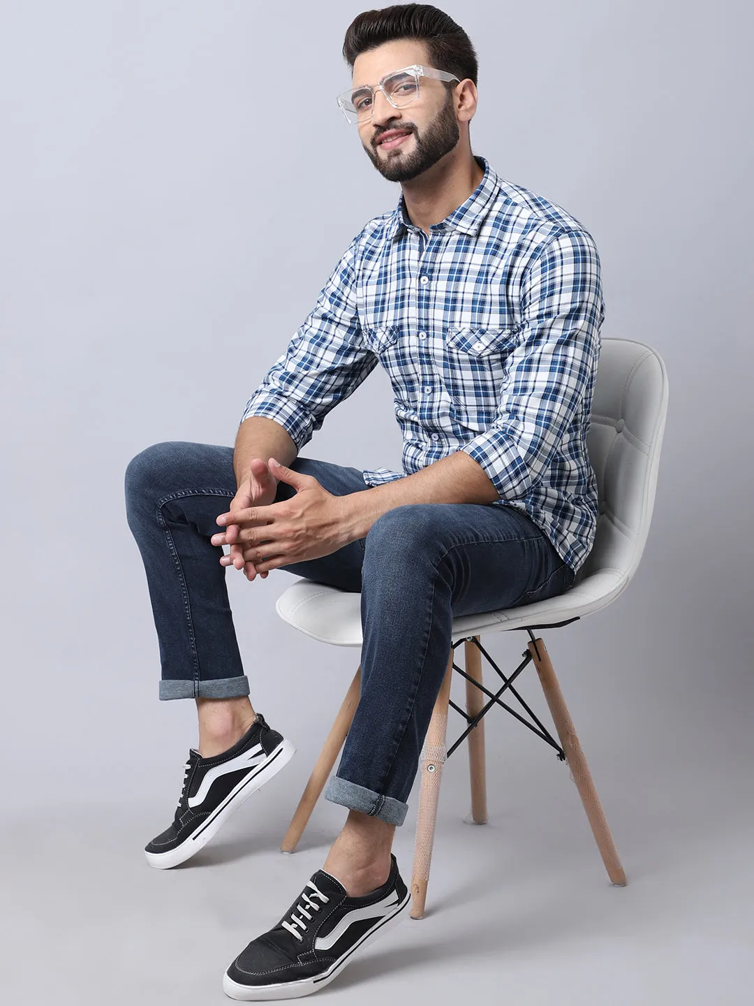 Cantabil Cotton Checkered White Full Sleeve Casual Shirt for Men with Pocket