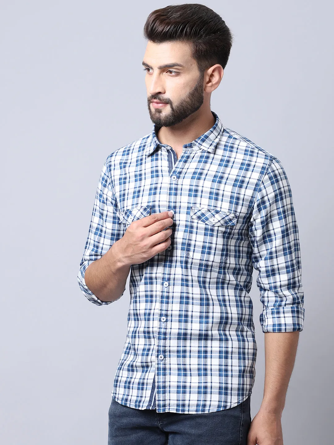 Cantabil Cotton Checkered White Full Sleeve Casual Shirt for Men with Pocket