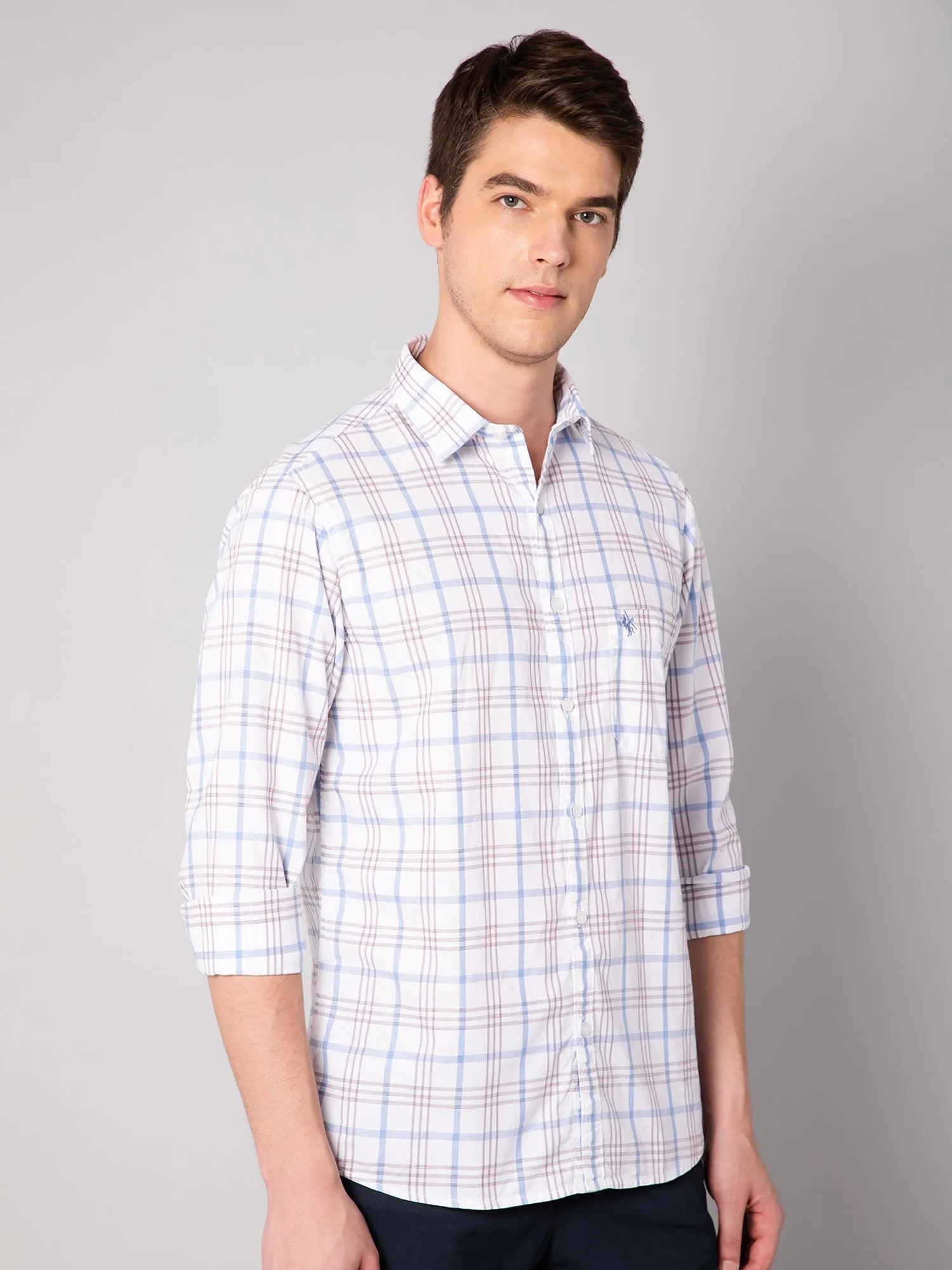 Cantabil Cotton Checkered White Full Sleeve Casual Shirt for Men with Pocket