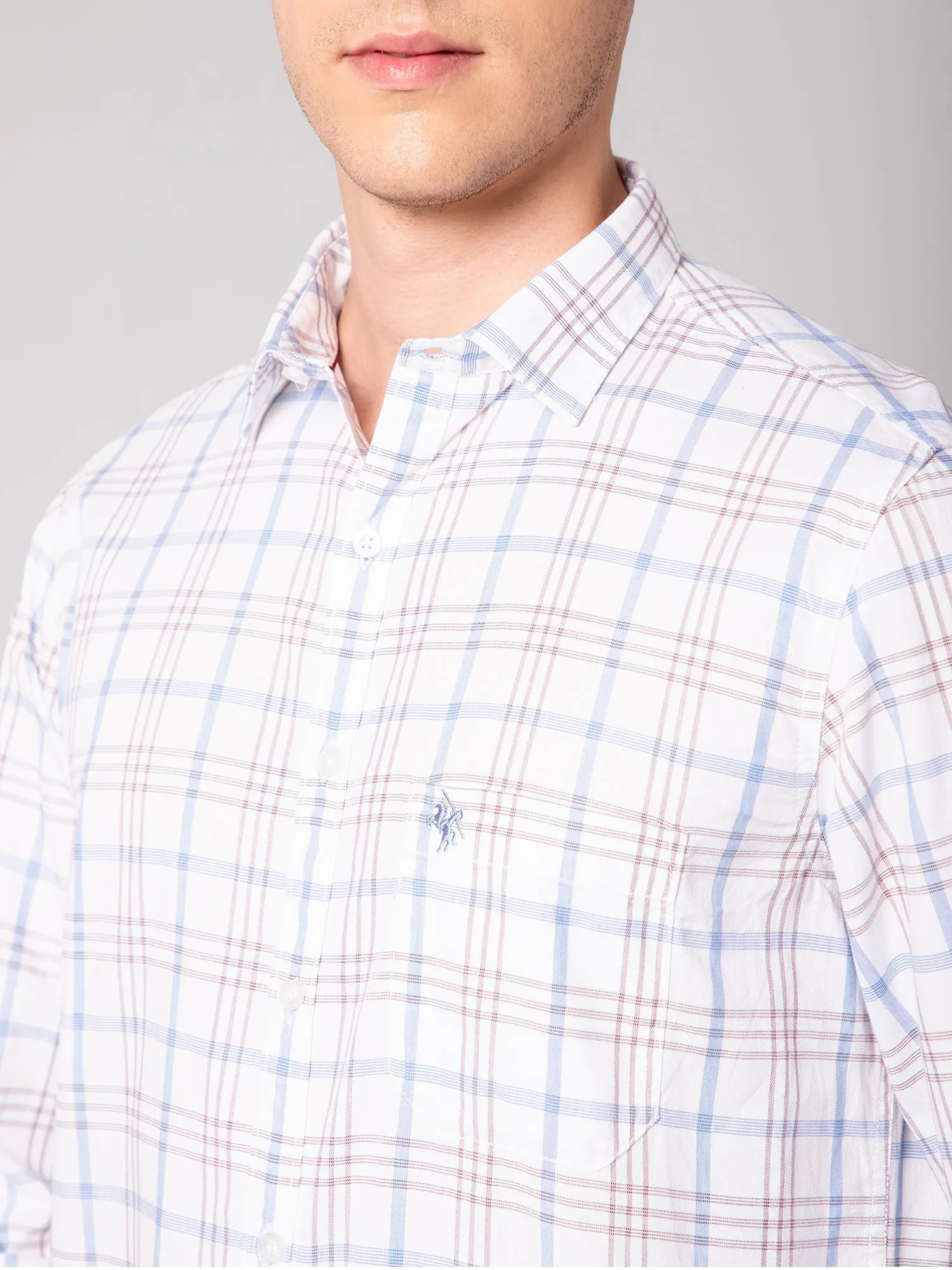 Cantabil Cotton Checkered White Full Sleeve Casual Shirt for Men with Pocket