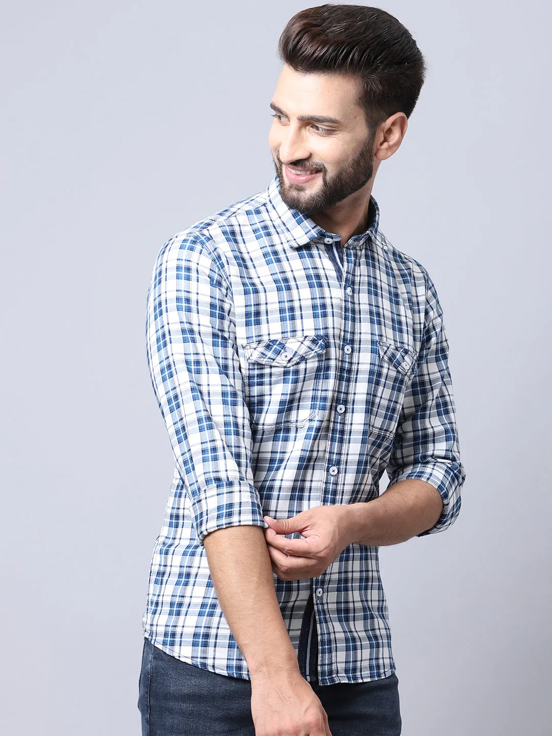 Cantabil Cotton Checkered White Full Sleeve Casual Shirt for Men with Pocket