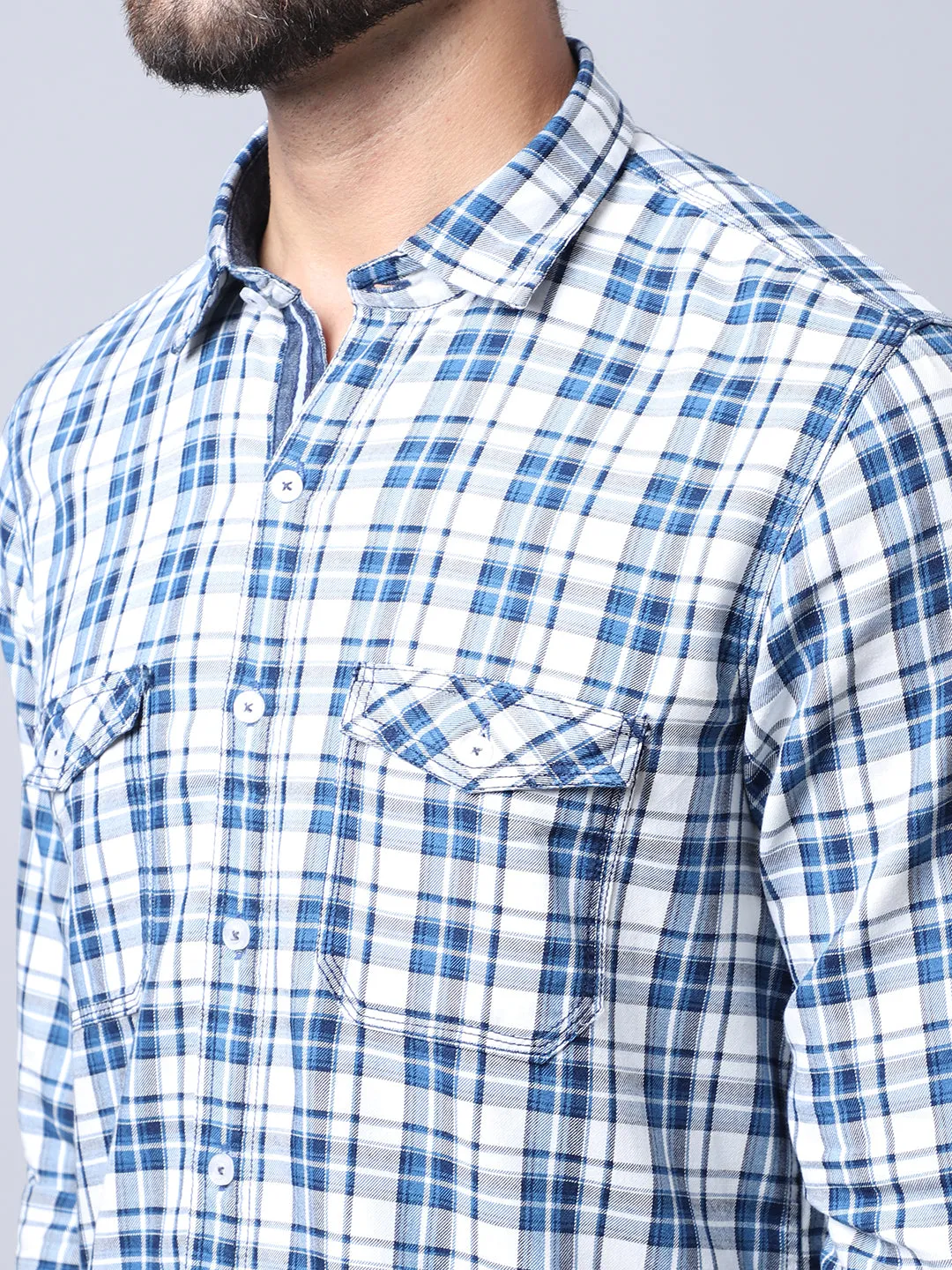 Cantabil Cotton Checkered White Full Sleeve Casual Shirt for Men with Pocket