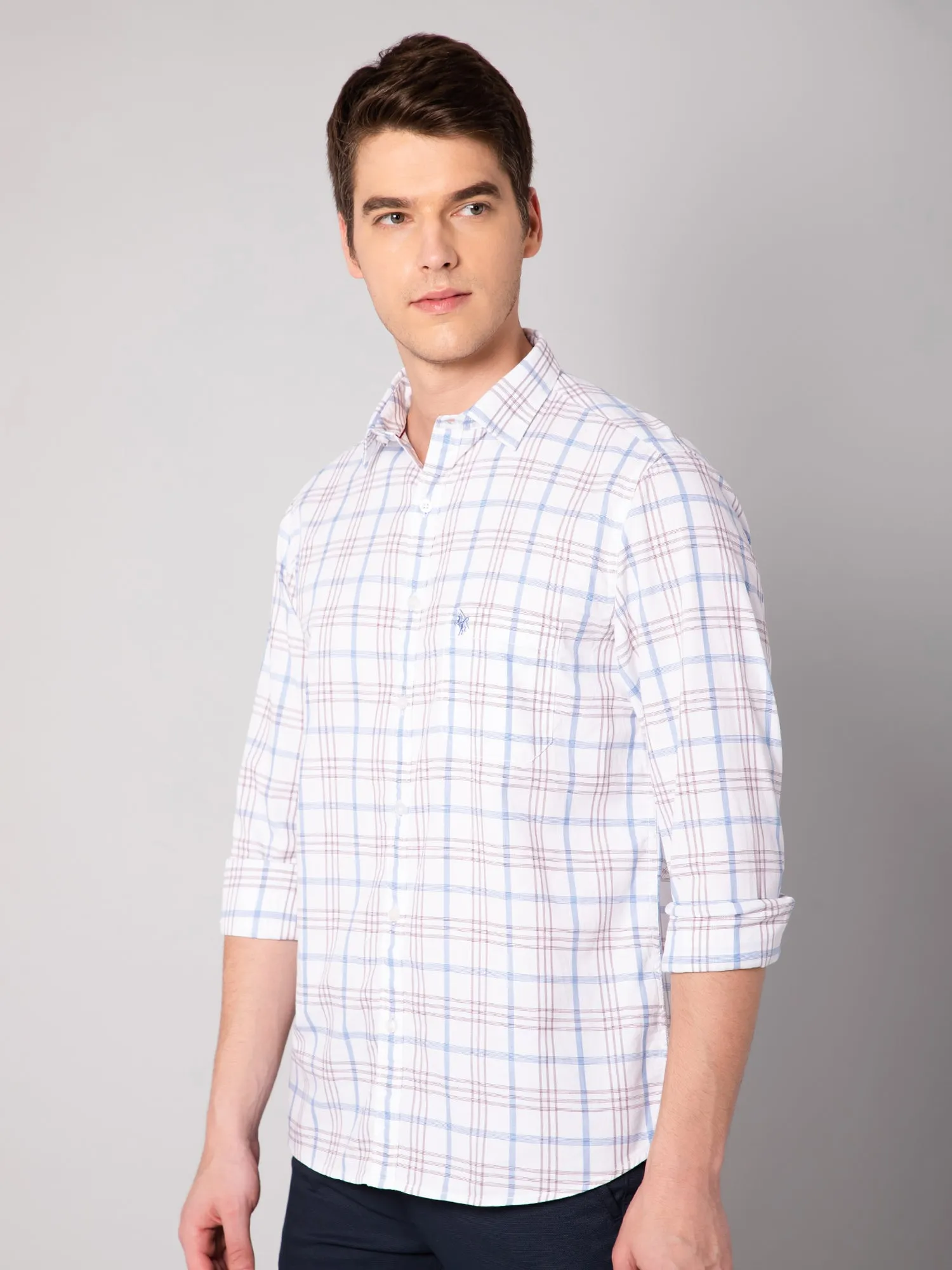 Cantabil Cotton Checkered White Full Sleeve Casual Shirt for Men with Pocket