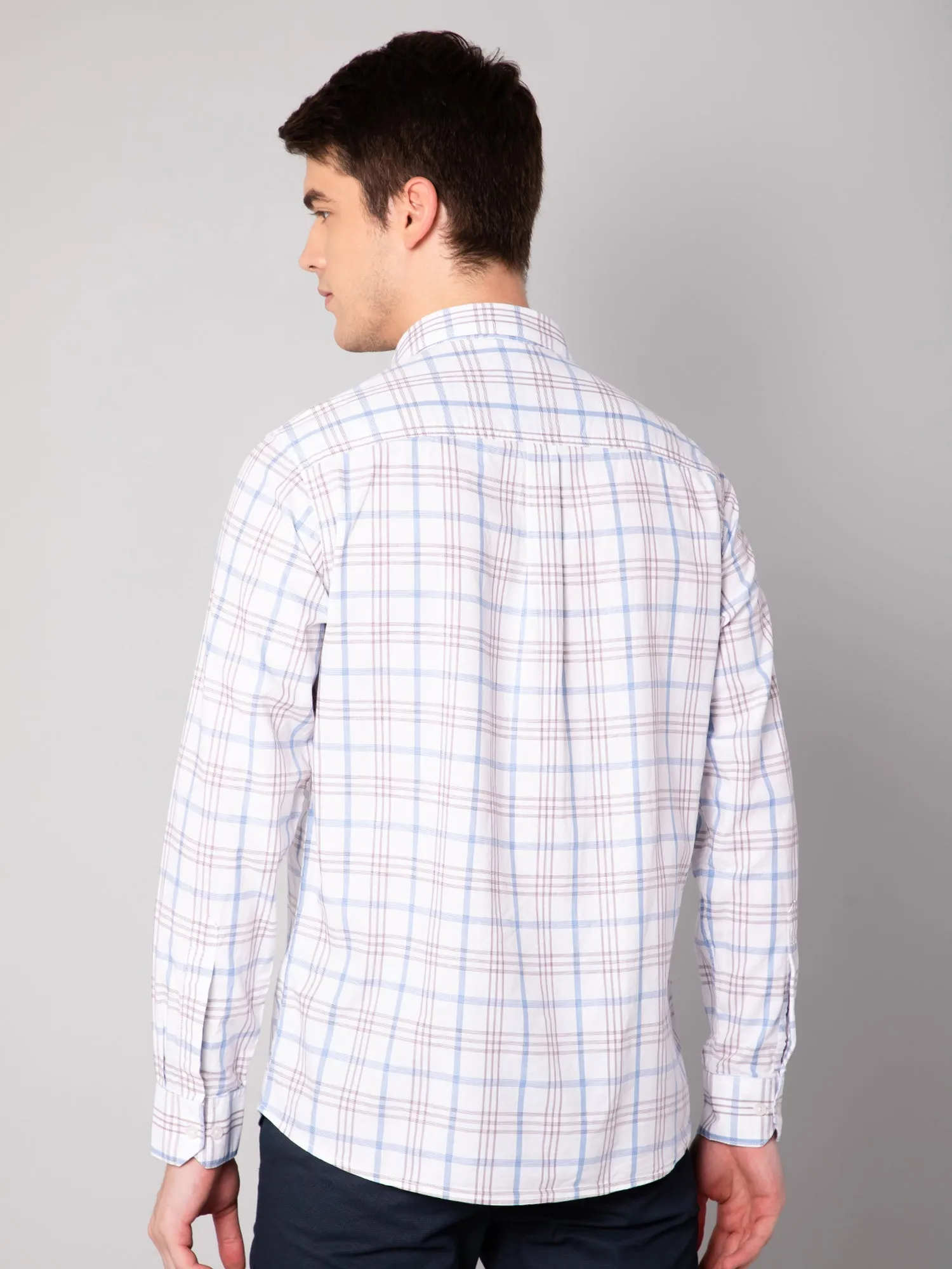 Cantabil Cotton Checkered White Full Sleeve Casual Shirt for Men with Pocket