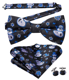 Christmas Black Blue Snowman Pre-tied Bow Tie Hanky Cufflinks Set