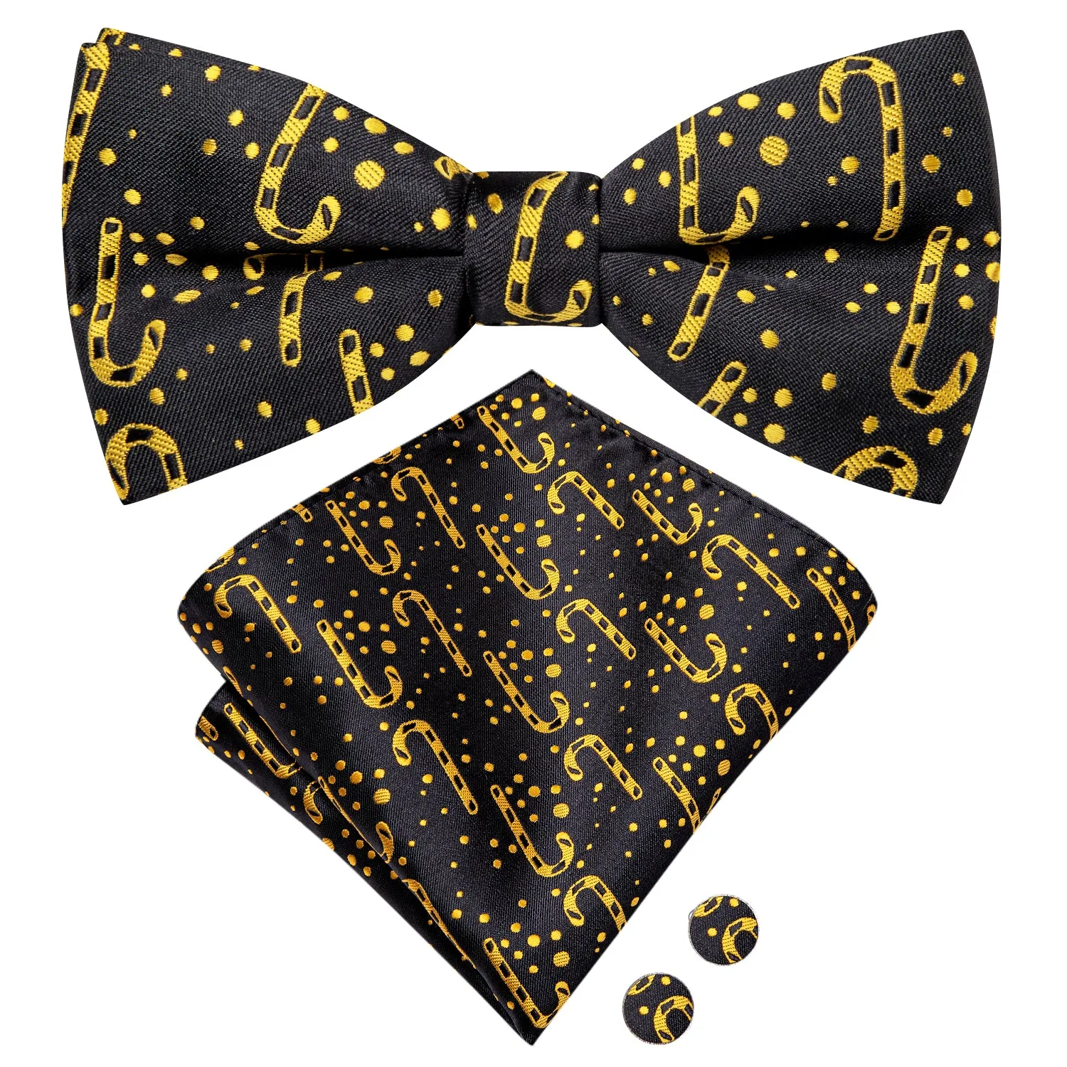 Christmas Black Gold Cane Pre-tied Bow Tie Hanky Cufflinks Set