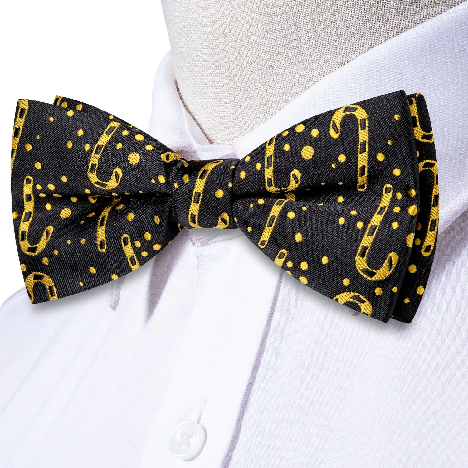 Christmas Black Gold Cane Pre-tied Bow Tie Hanky Cufflinks Set