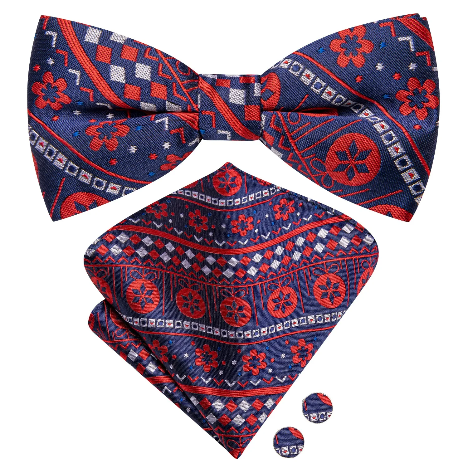 Christmas Blue Red Novelty Pre-tied Bow Tie Hanky Cufflinks Set