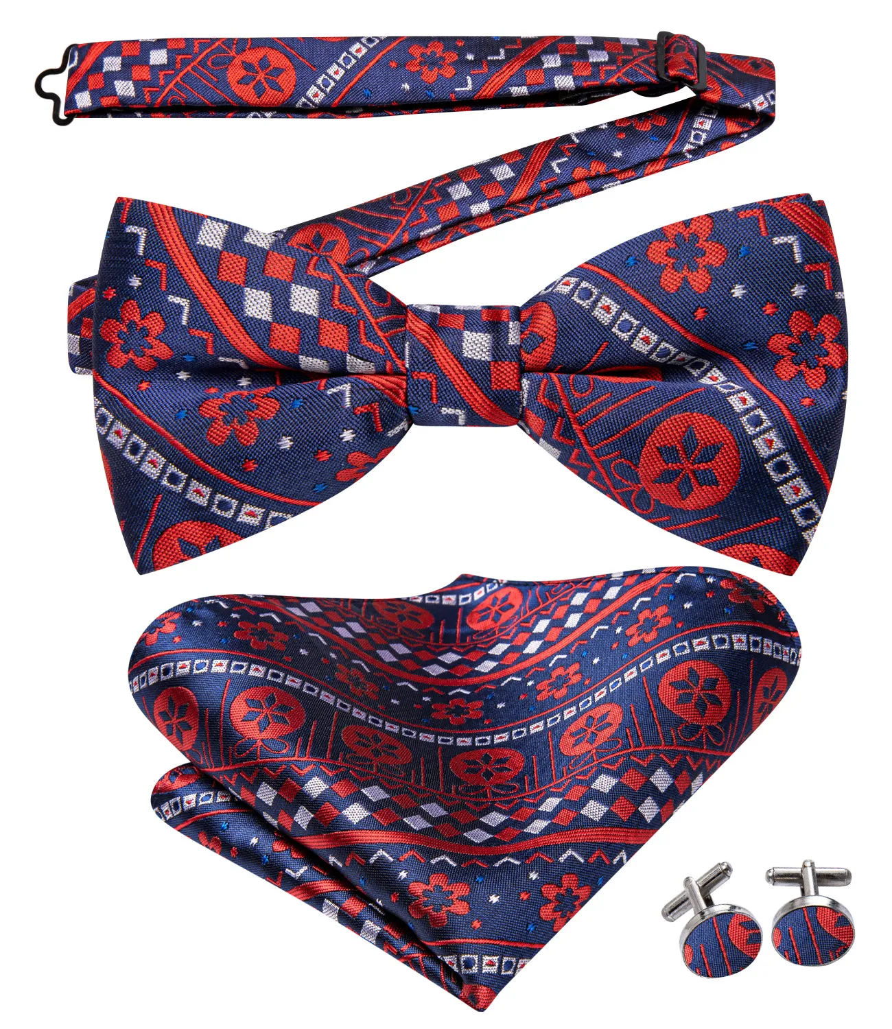 Christmas Blue Red Novelty Pre-tied Bow Tie Hanky Cufflinks Set