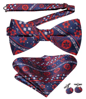 Christmas Blue Red Novelty Pre-tied Bow Tie Hanky Cufflinks Set