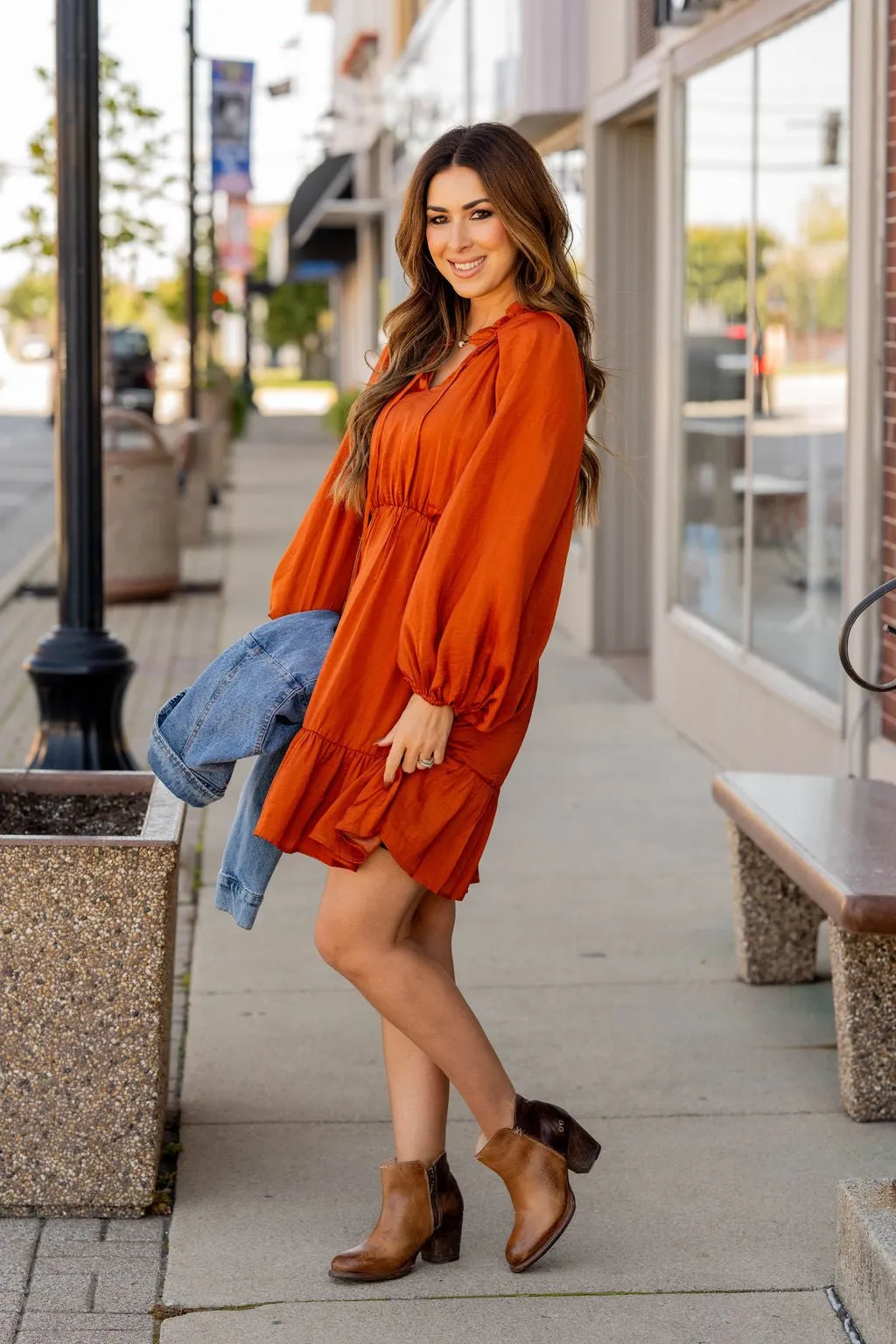 Classy Balloon Sleeve Ruffle Accented Dress
