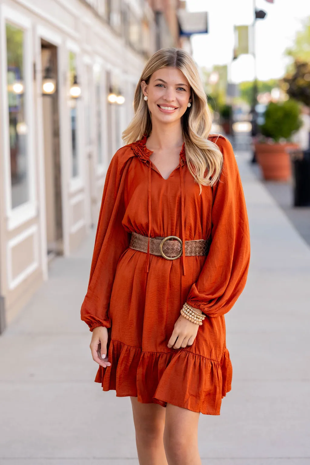 Classy Balloon Sleeve Ruffle Accented Dress