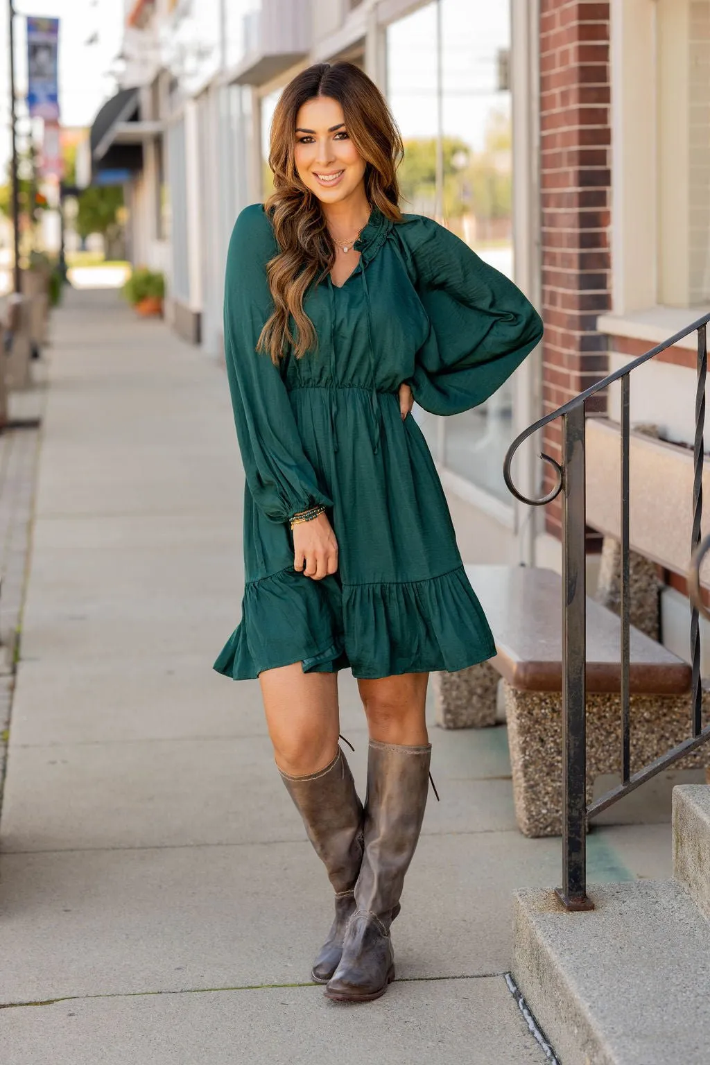 Classy Balloon Sleeve Ruffle Accented Dress