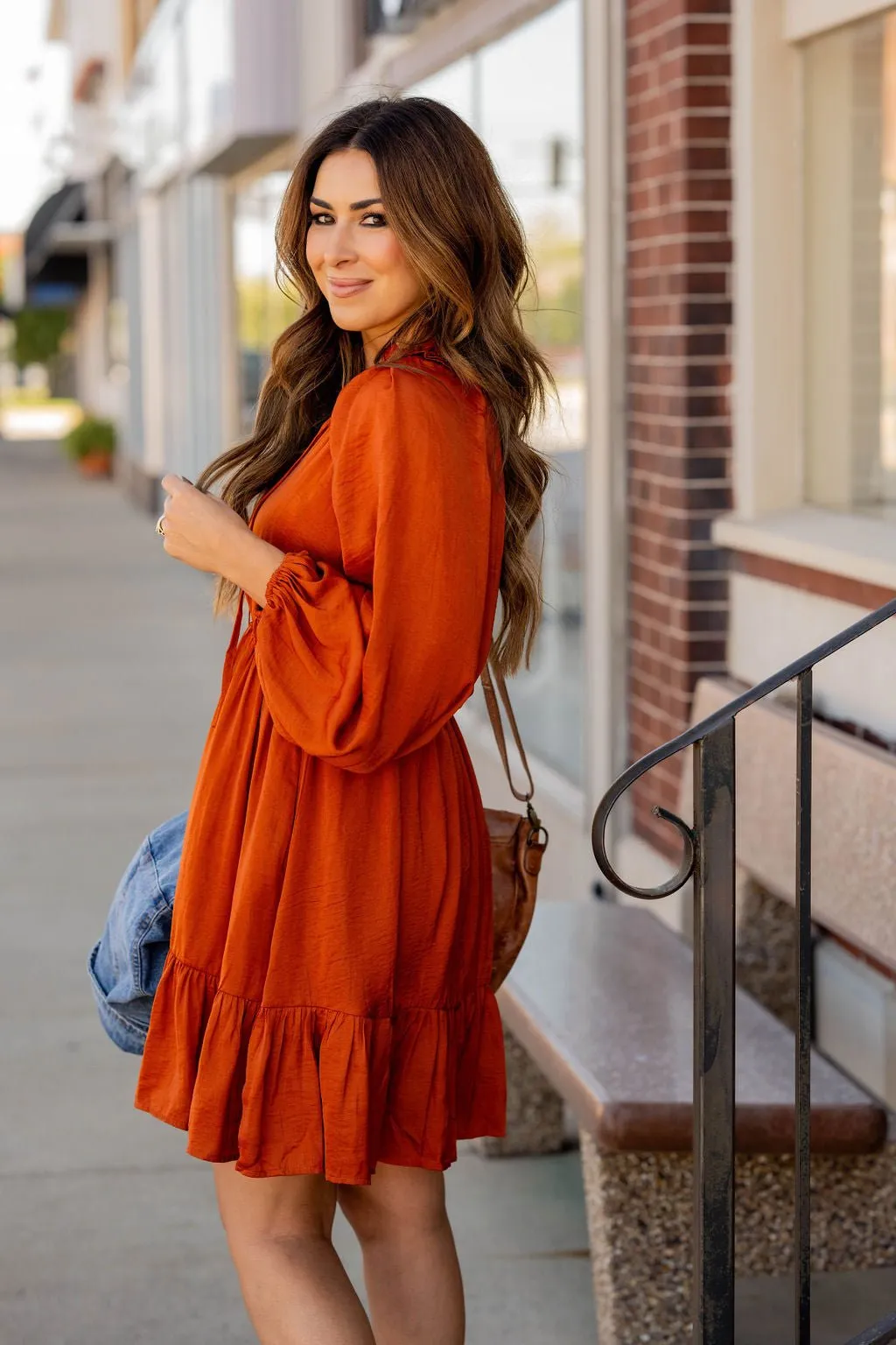 Classy Balloon Sleeve Ruffle Accented Dress