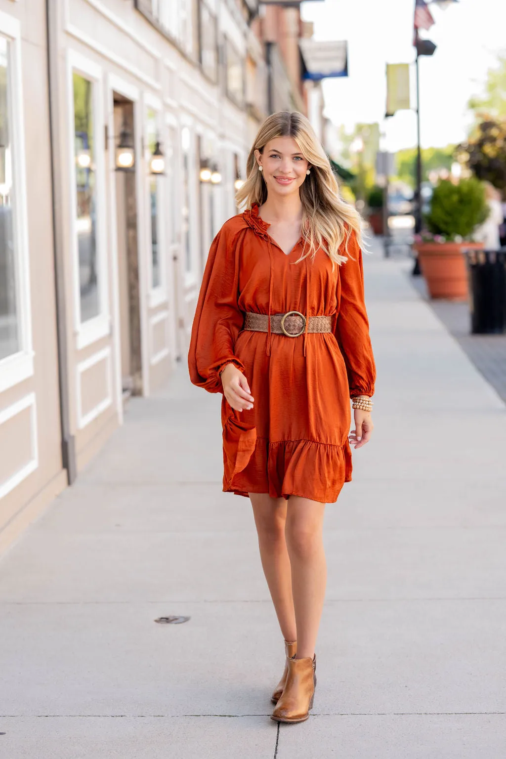 Classy Balloon Sleeve Ruffle Accented Dress