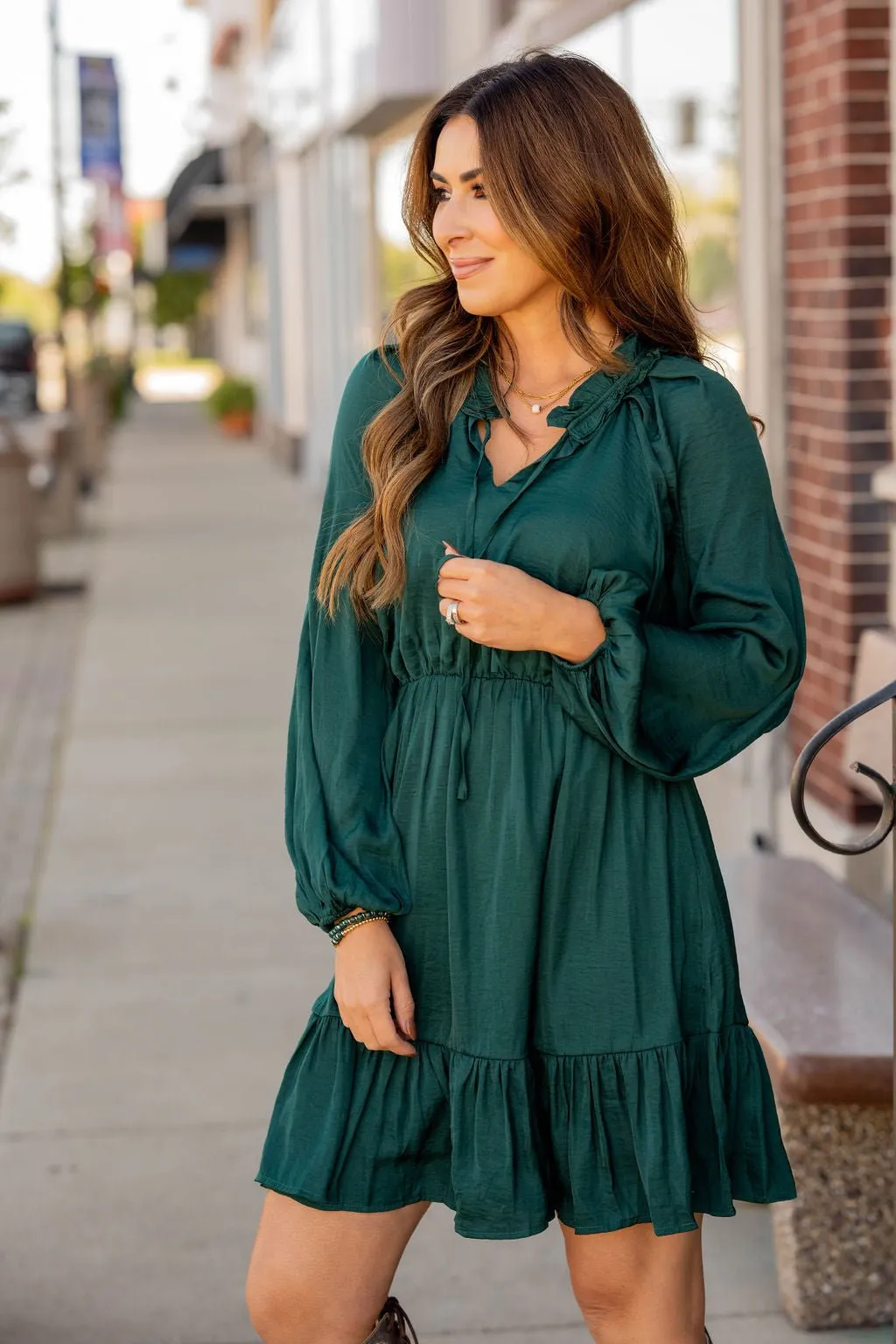 Classy Balloon Sleeve Ruffle Accented Dress