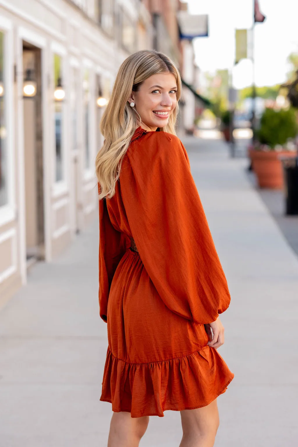 Classy Balloon Sleeve Ruffle Accented Dress