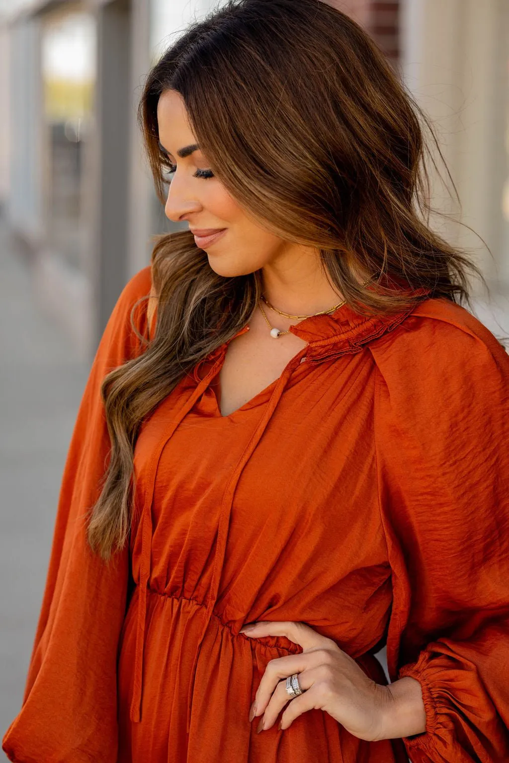 Classy Balloon Sleeve Ruffle Accented Dress