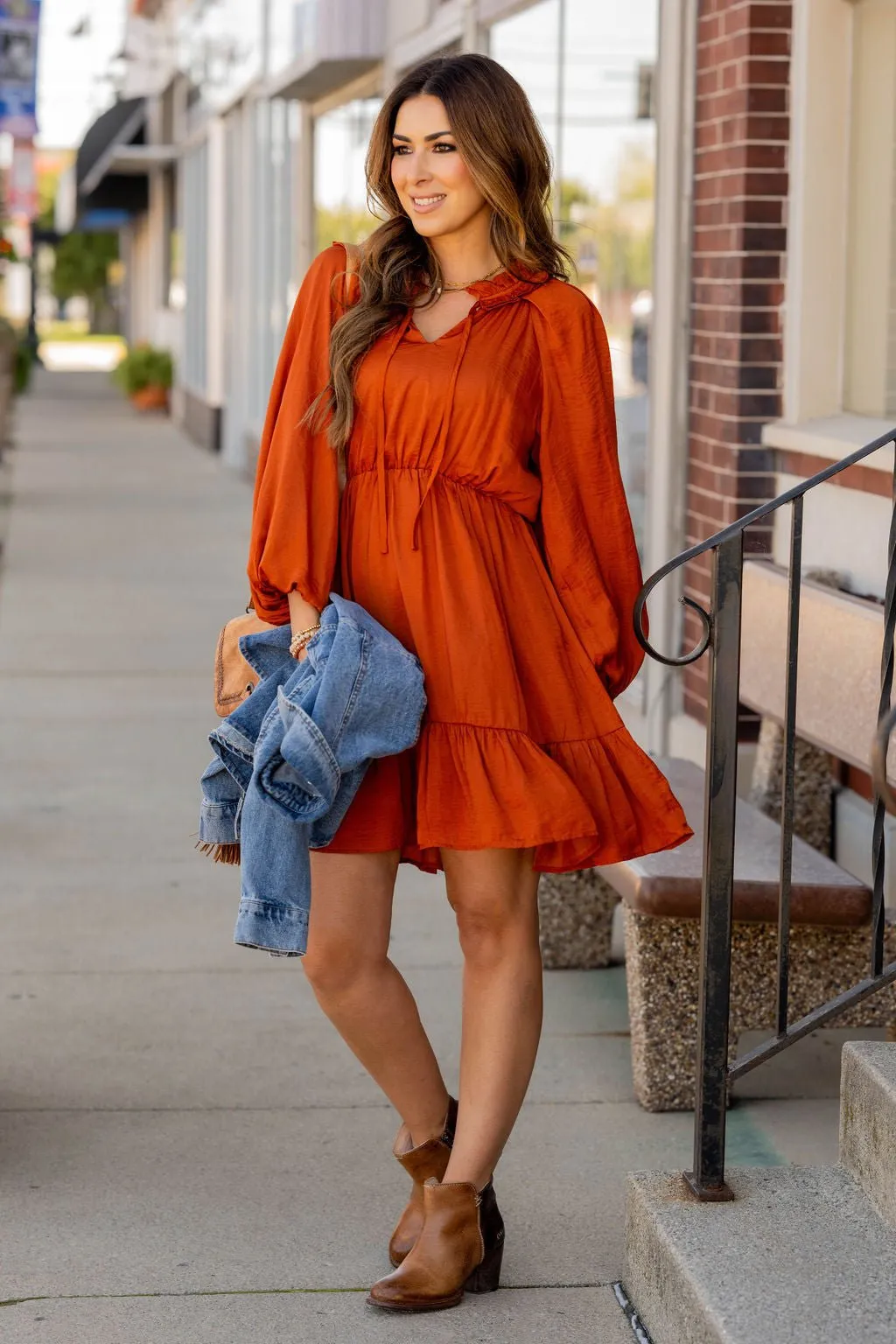 Classy Balloon Sleeve Ruffle Accented Dress