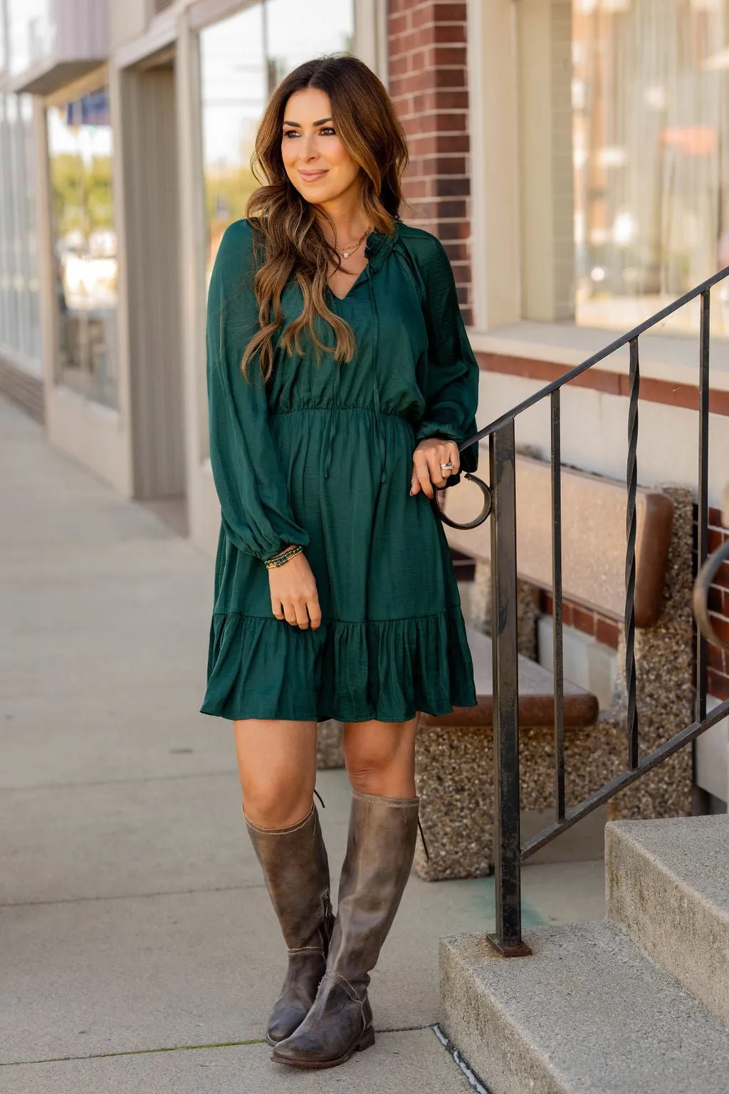 Classy Balloon Sleeve Ruffle Accented Dress