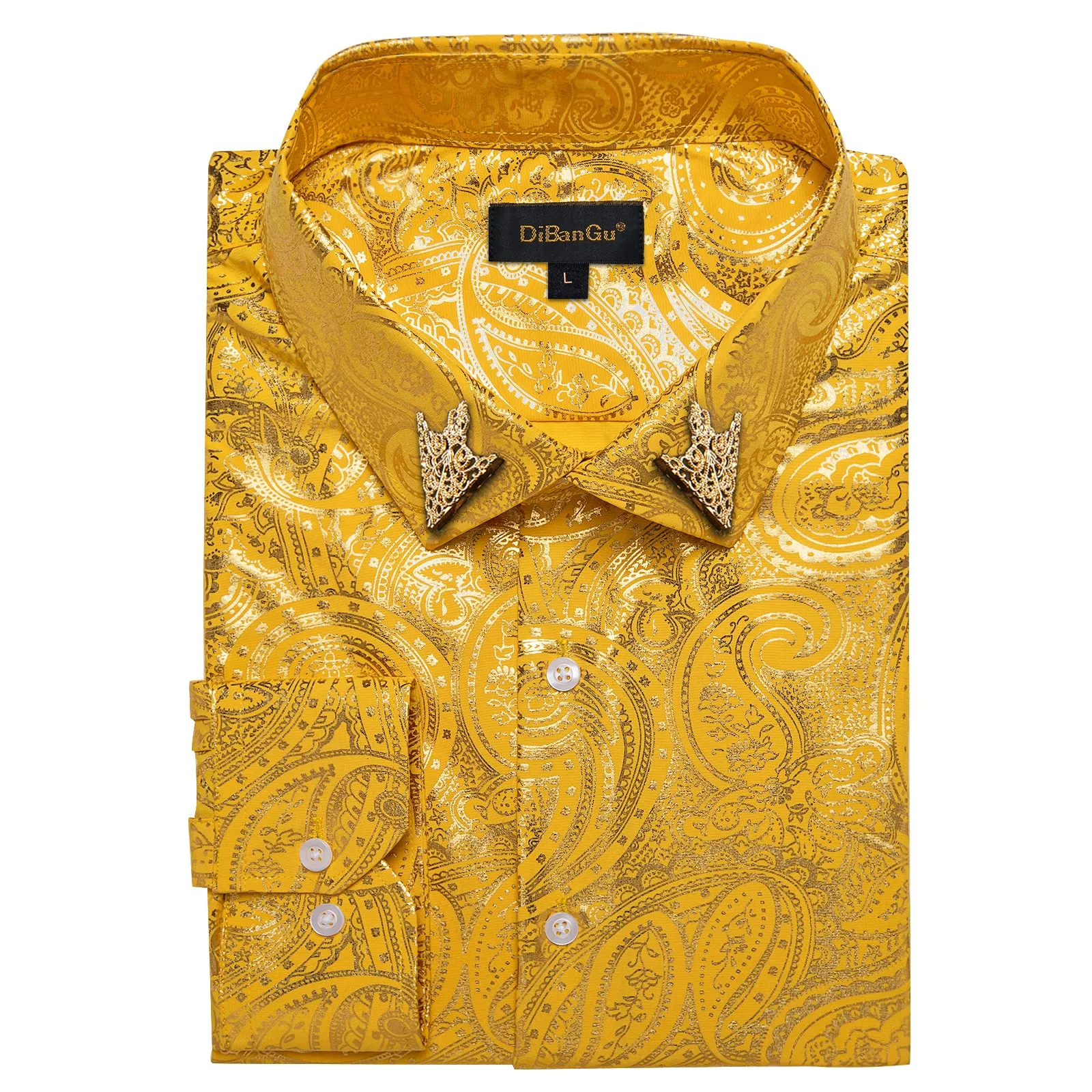 DiBanGu Urobilin Yellow Paisley Hot Stamping Button Up Long Sleeve Shirt for Men
