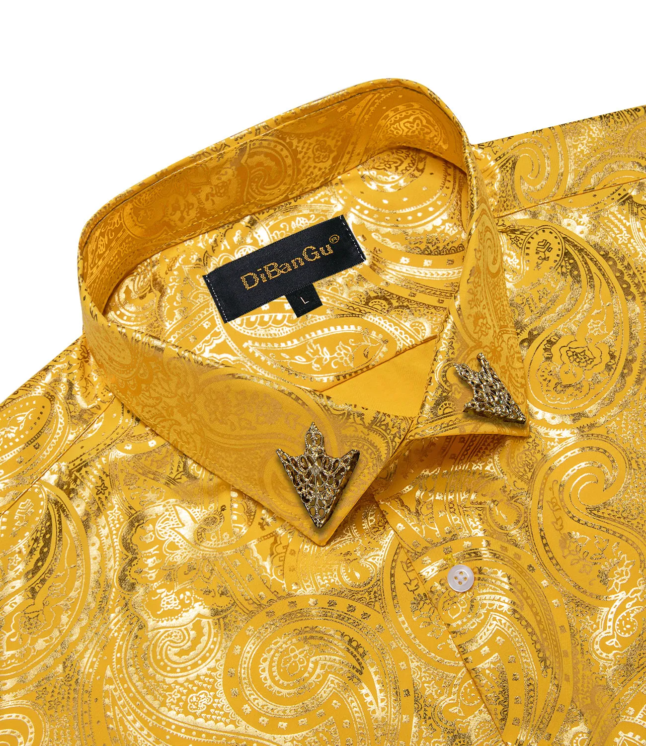 DiBanGu Urobilin Yellow Paisley Hot Stamping Button Up Long Sleeve Shirt for Men