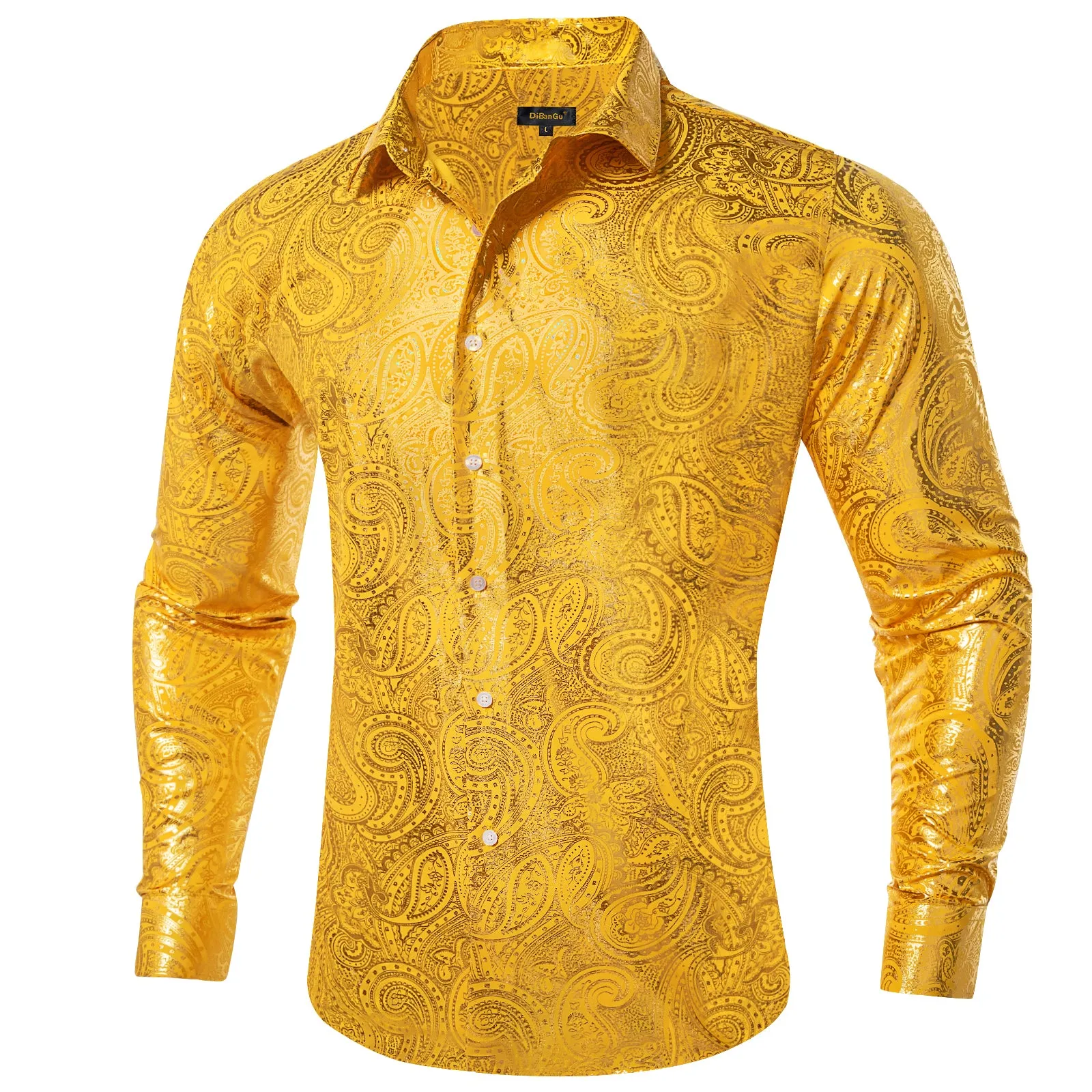DiBanGu Urobilin Yellow Paisley Hot Stamping Button Up Long Sleeve Shirt for Men
