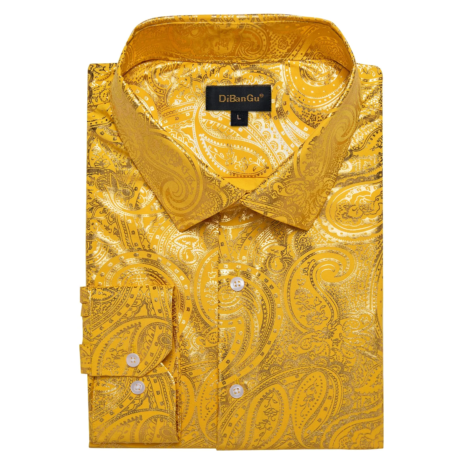 DiBanGu Urobilin Yellow Paisley Hot Stamping Button Up Long Sleeve Shirt for Men