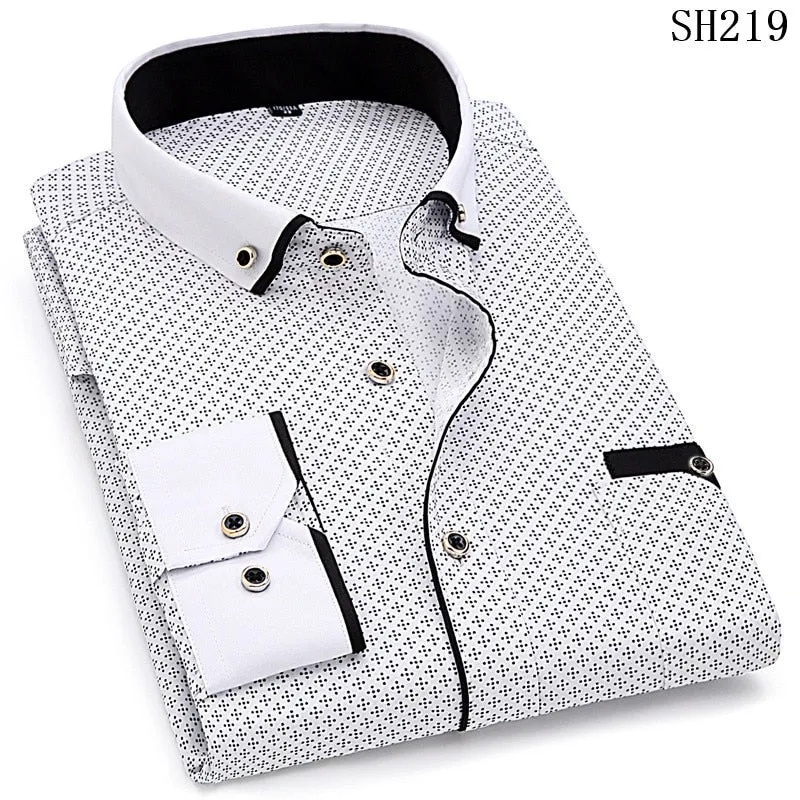 Fashion Print Casual Men Long Sleeve Shirt Stitching Fashion Pocket