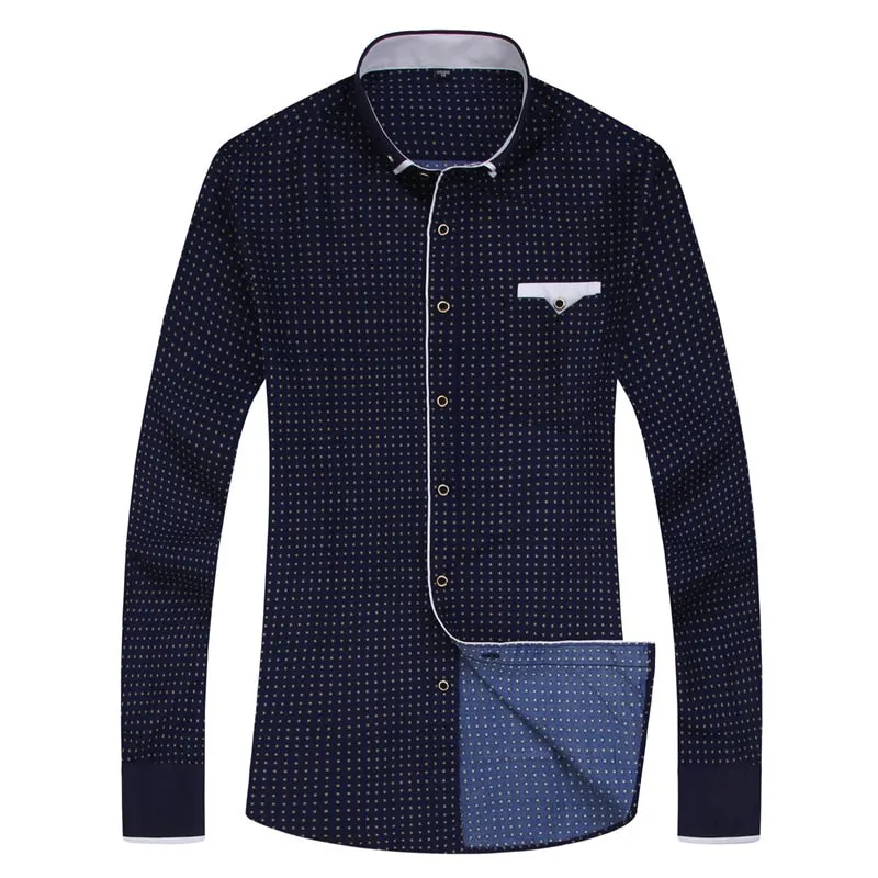 Fashion Print Casual Men Long Sleeve Shirt Stitching Fashion Pocket