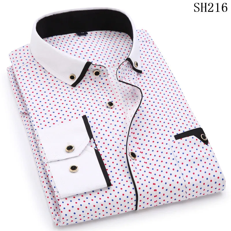 Fashion Print Casual Men Long Sleeve Shirt Stitching Fashion Pocket
