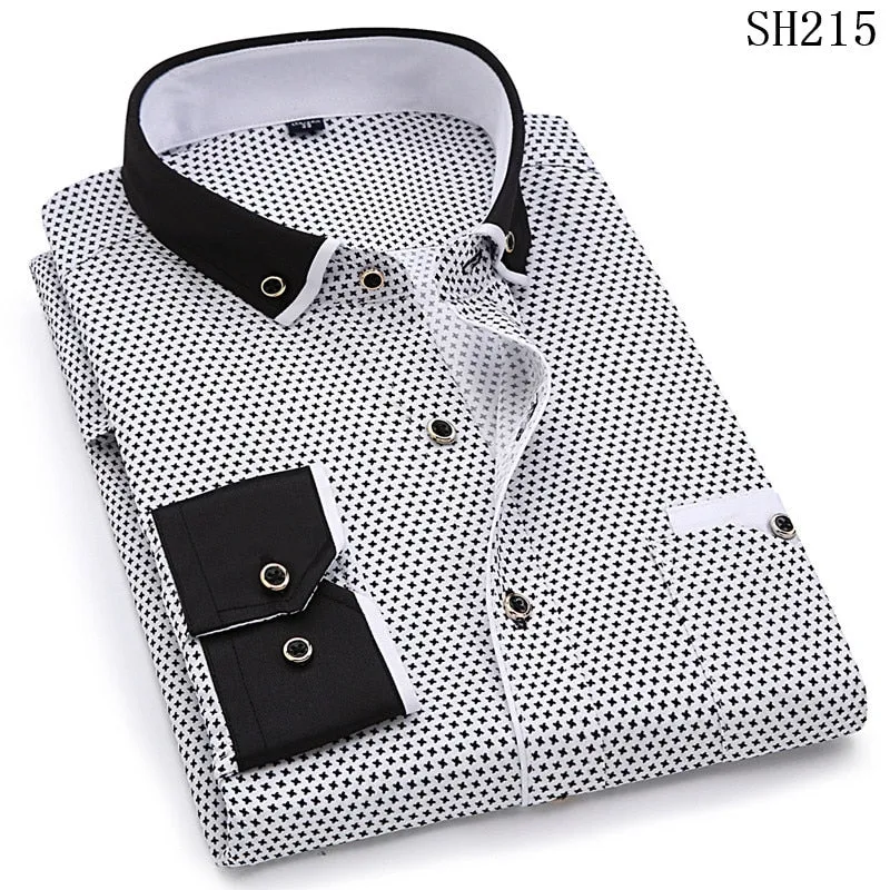 Fashion Print Casual Men Long Sleeve Shirt Stitching Fashion Pocket