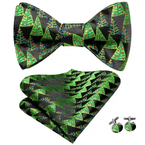 Green Christmas Tree Self-tied Bow Tie Hanky Cufflinks Set