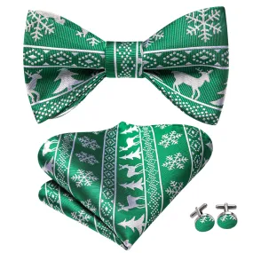 Green White Christmas Novelty Self-tied Bow Tie Hanky Cufflinks Set