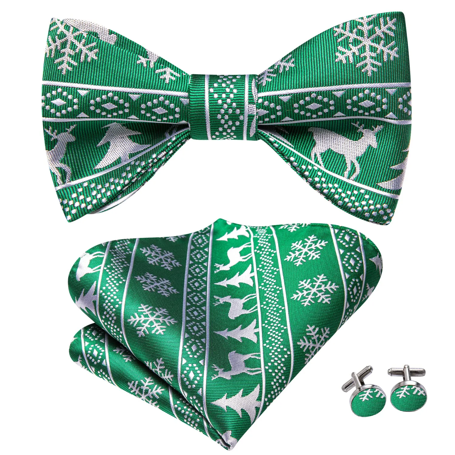 Green White Christmas Novelty Self-tied Bow Tie Hanky Cufflinks Set
