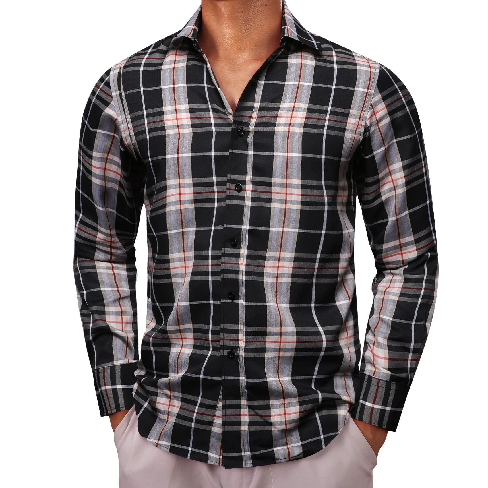 Grey Black Plaid Men's Long Sleeve Work Shirt