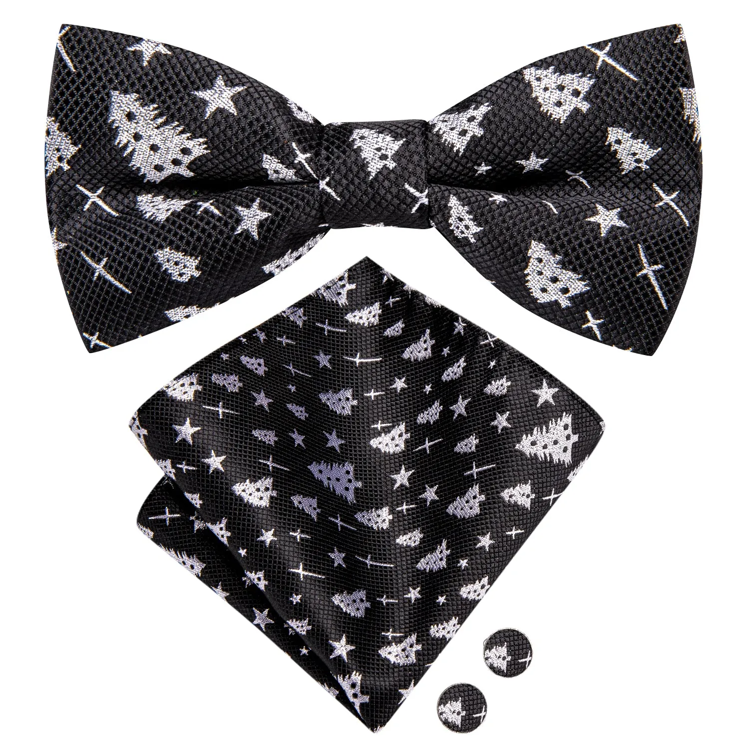 Hi-Tie Black White Christmas Tree Novelty Bow Tie Hanky Cufflinks Set