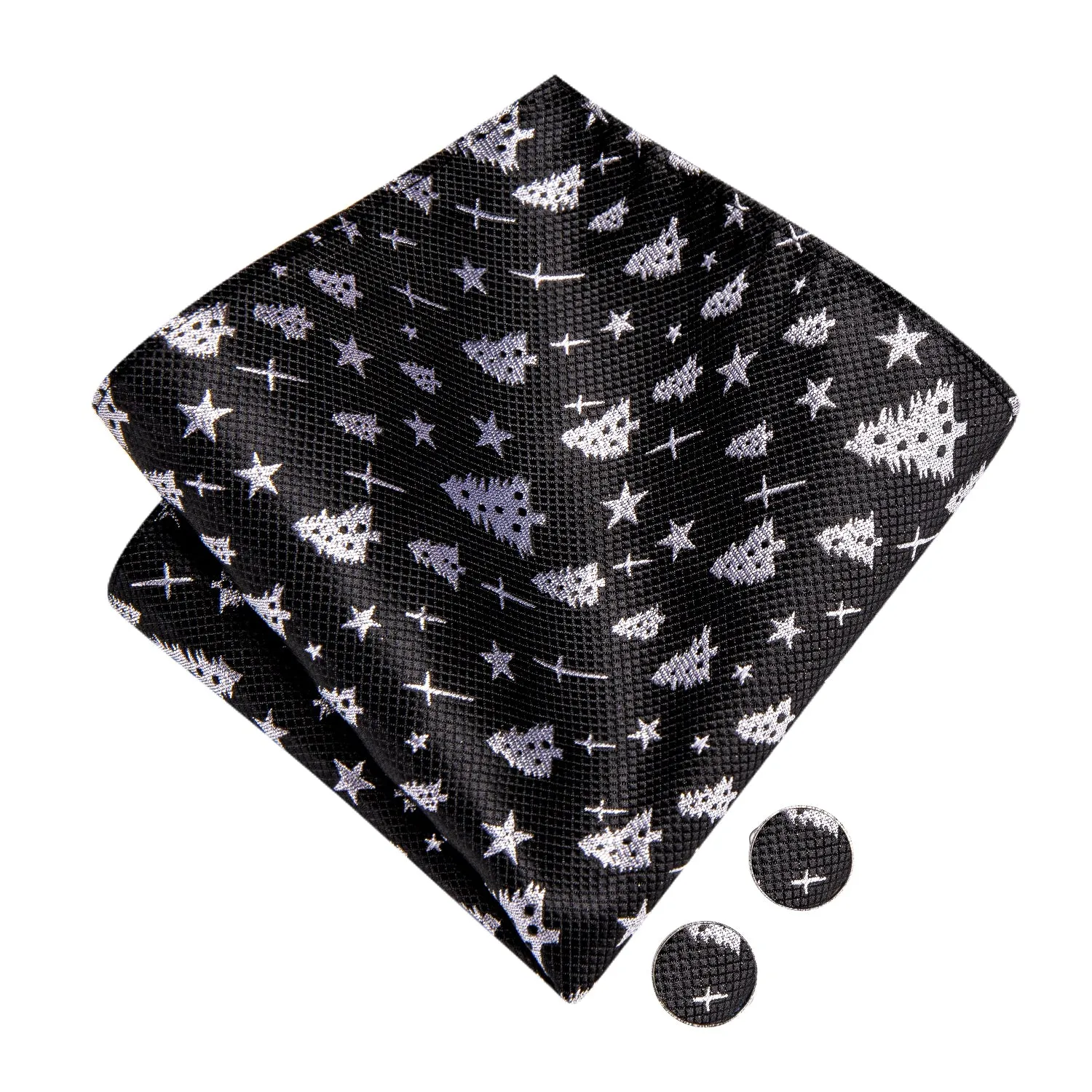 Hi-Tie Black White Christmas Tree Novelty Bow Tie Hanky Cufflinks Set