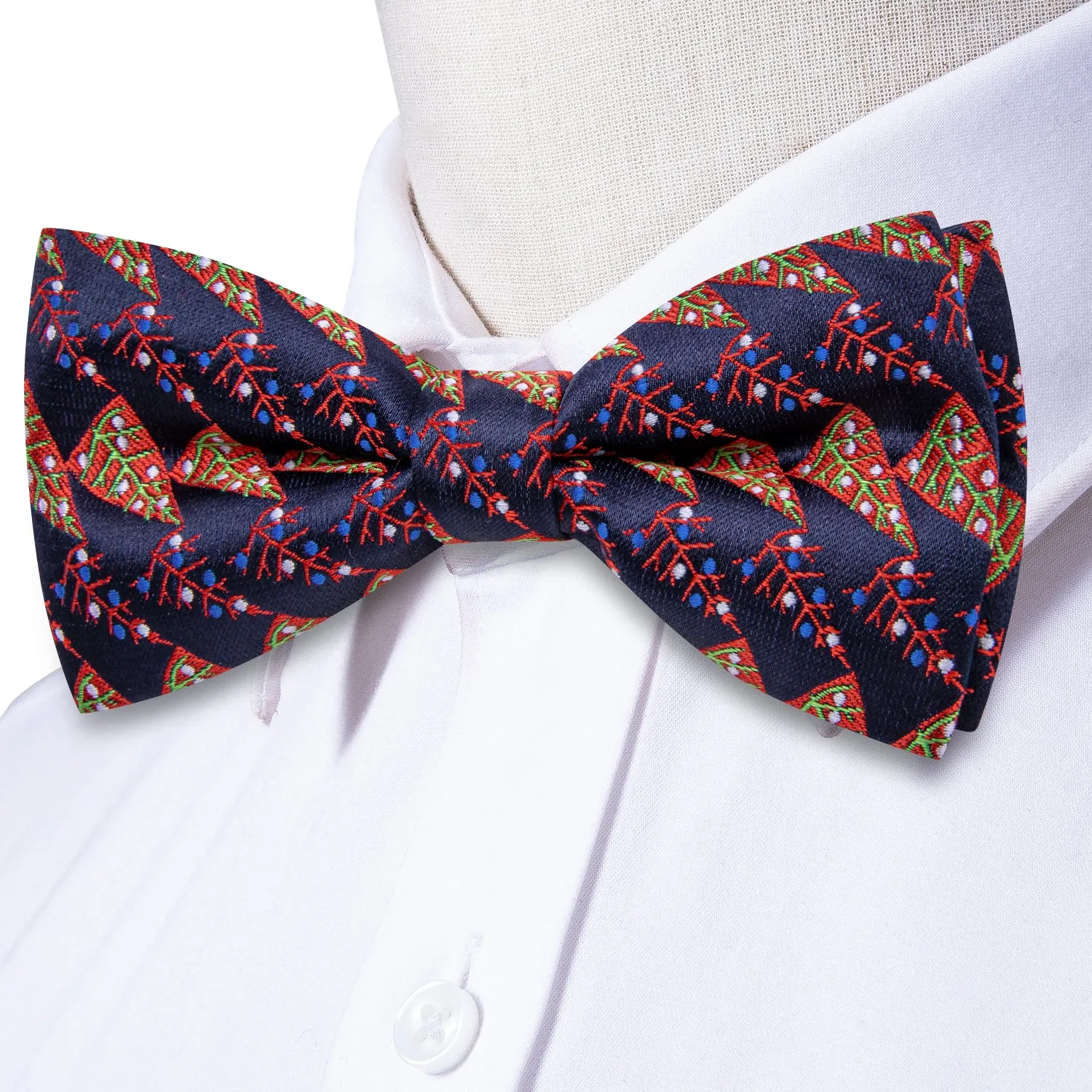 Hi-Tie Blue Red Christmas Tree Pre-tied Bow Tie Hanky Cufflinks Set